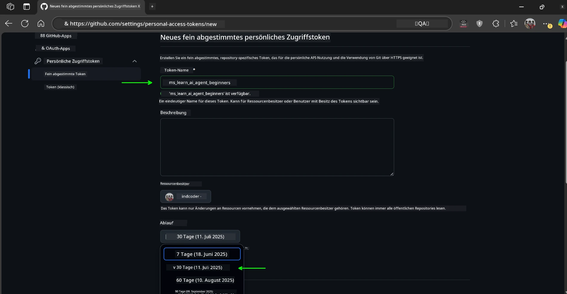Token-Name und Ablaufdatum
