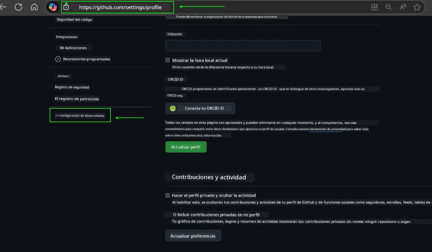Configuración de Desarrollador
