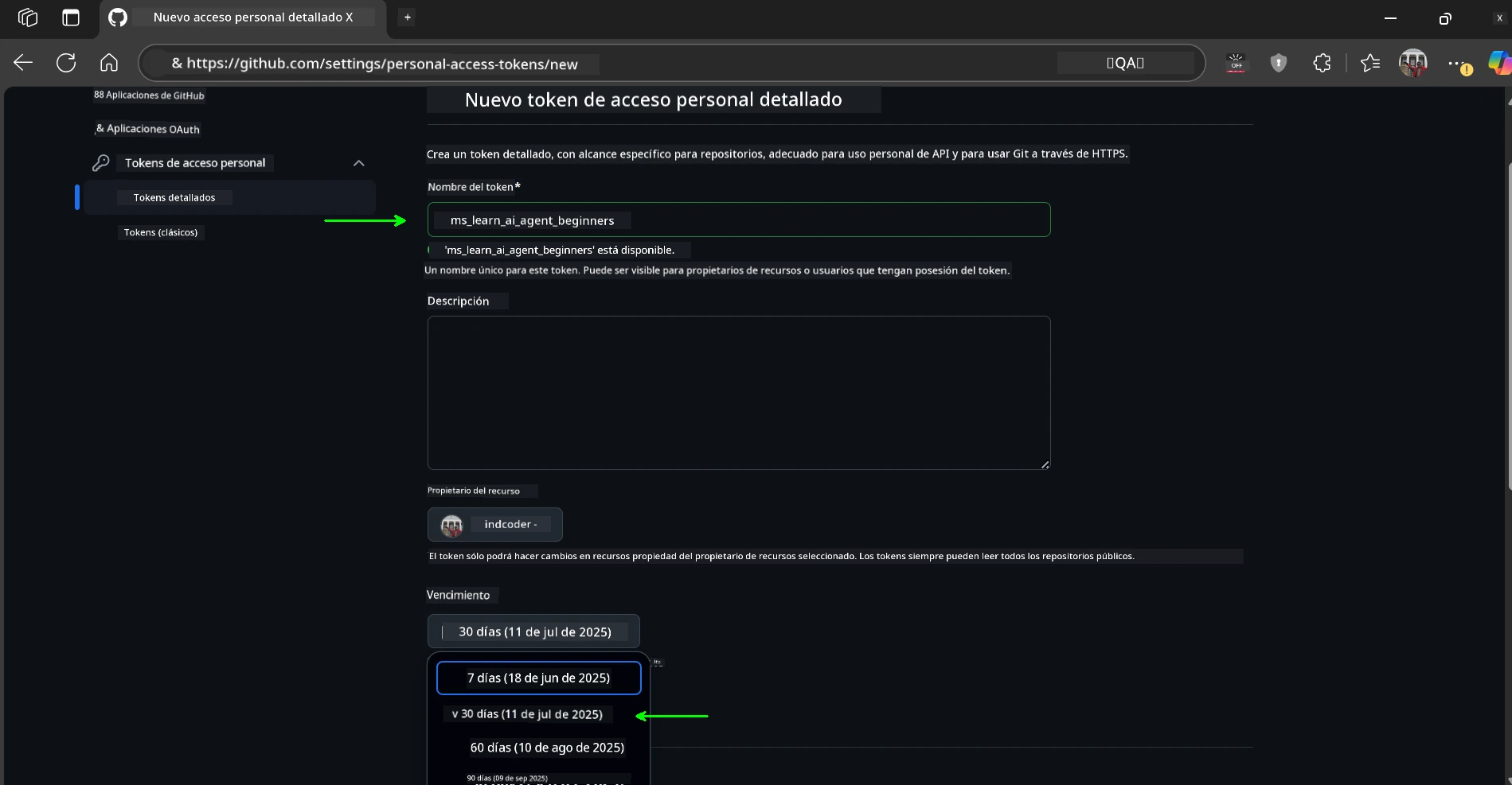 Nombre y Expiración del Token