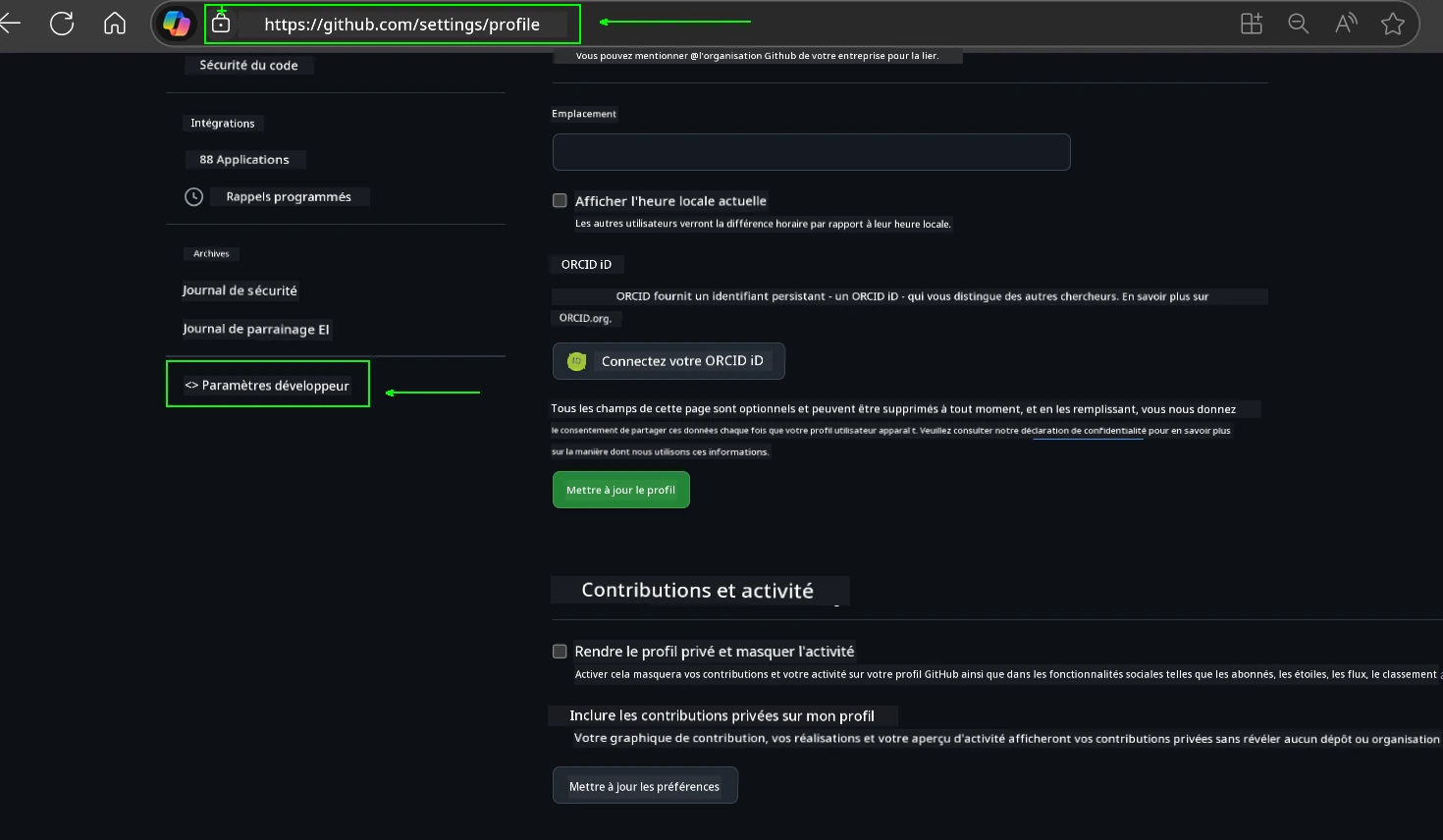 Paramètres du développeur