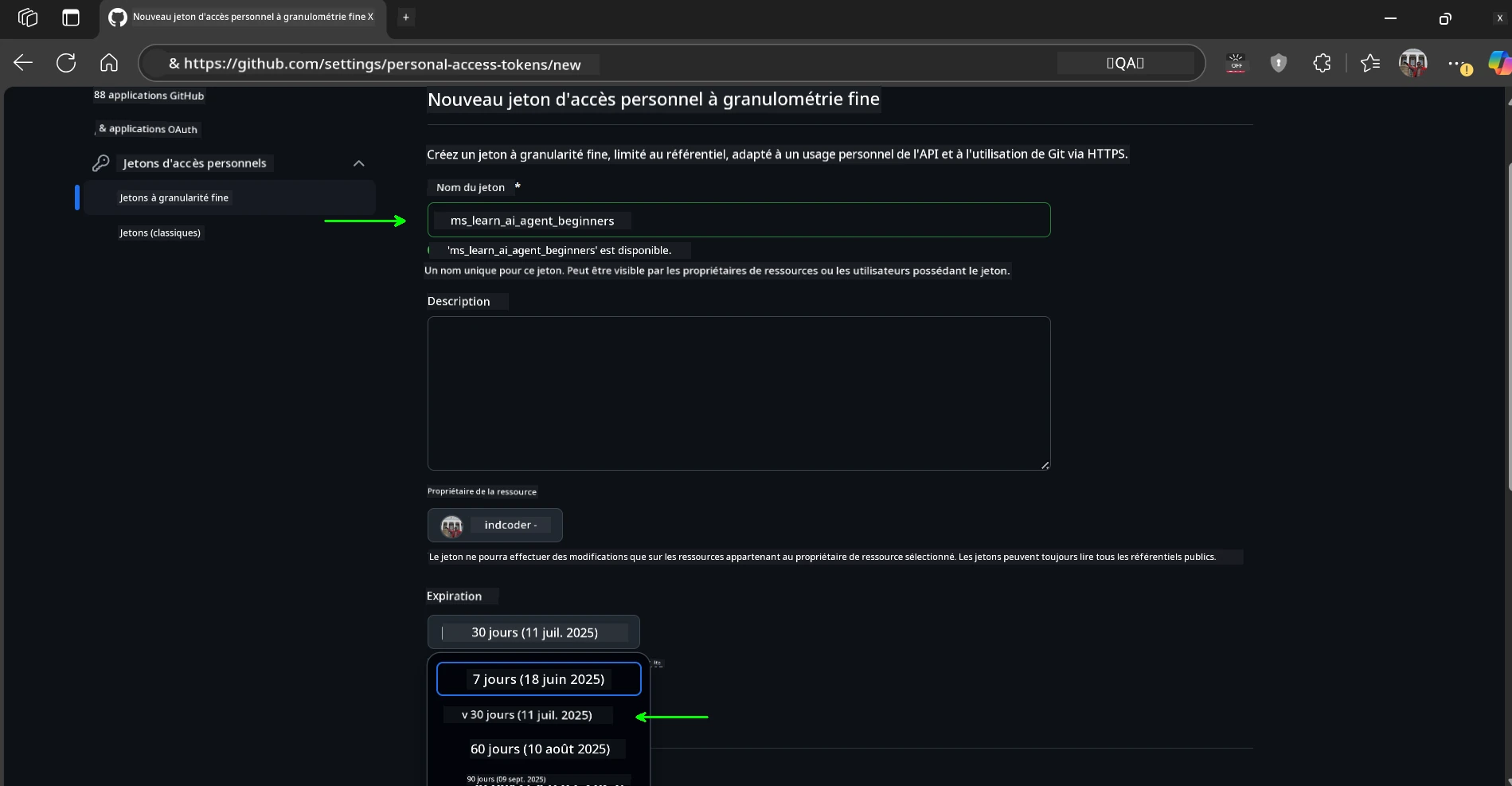 Nom et expiration du jeton