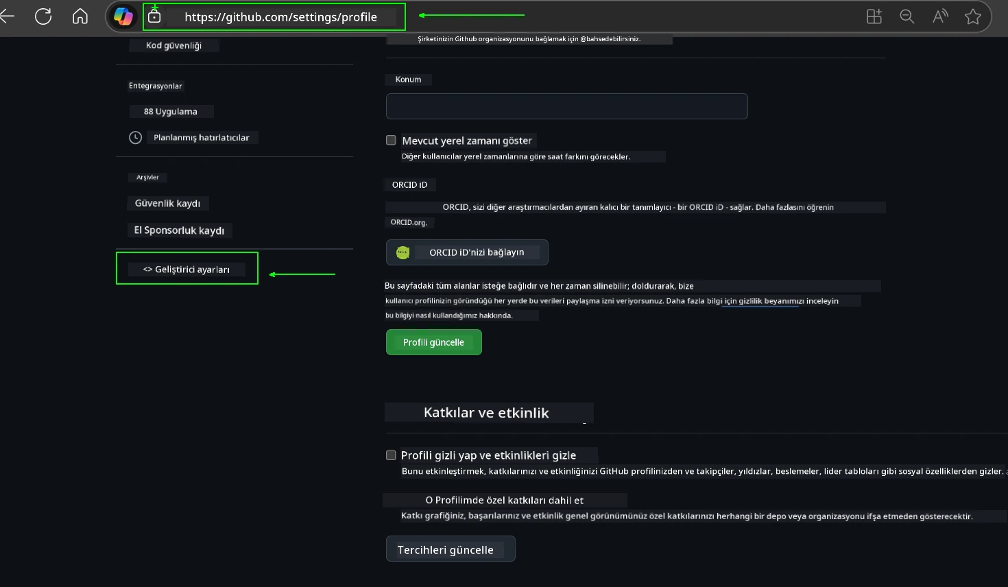 Geliştirici ayarları