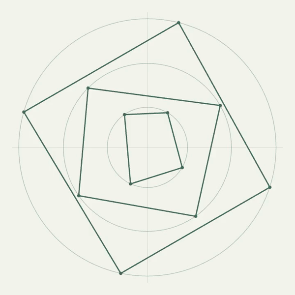 Points spread into rotating shapes, resolve into three nested squares, and return to their starting positions.