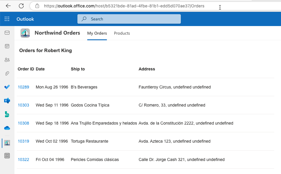 test app in outlook web launched