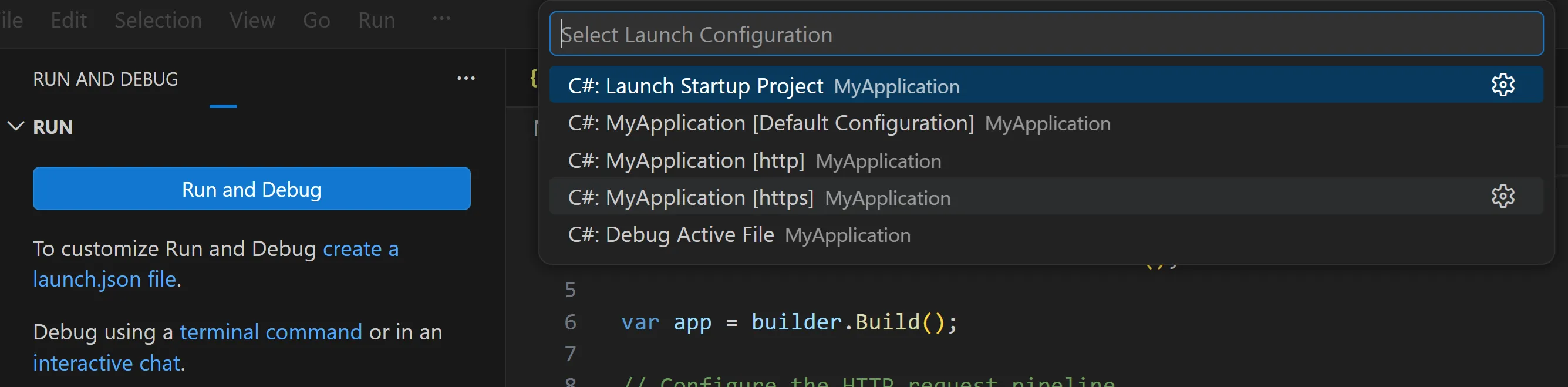 VS Code コマンドパレットから launchSettings プロファイルを選択
