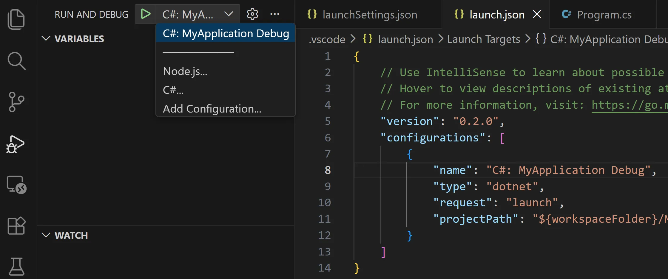 VS Code の実行とデバッグパネルのプロファイル選択ドロップダウン