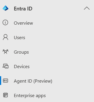 Microsoft Entra 관리 센터 좌측 메뉴에서 Entra ID 하위의 Agent ID (Preview) 메뉴 위치를 강조한 화면