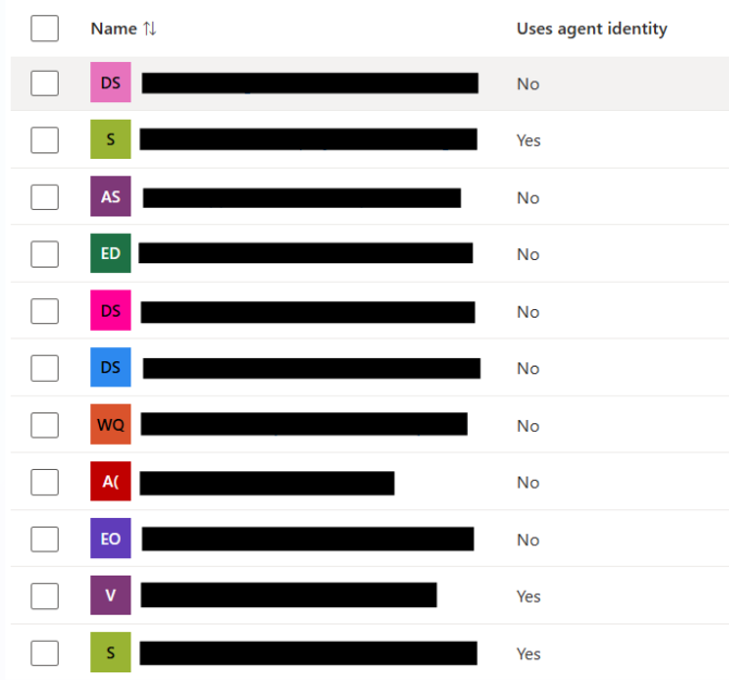 Entra Agent ID Registry의 에이전트 목록 화면에서 Has Agent ID 컬럼이 Yes와 No로 표시된 모습