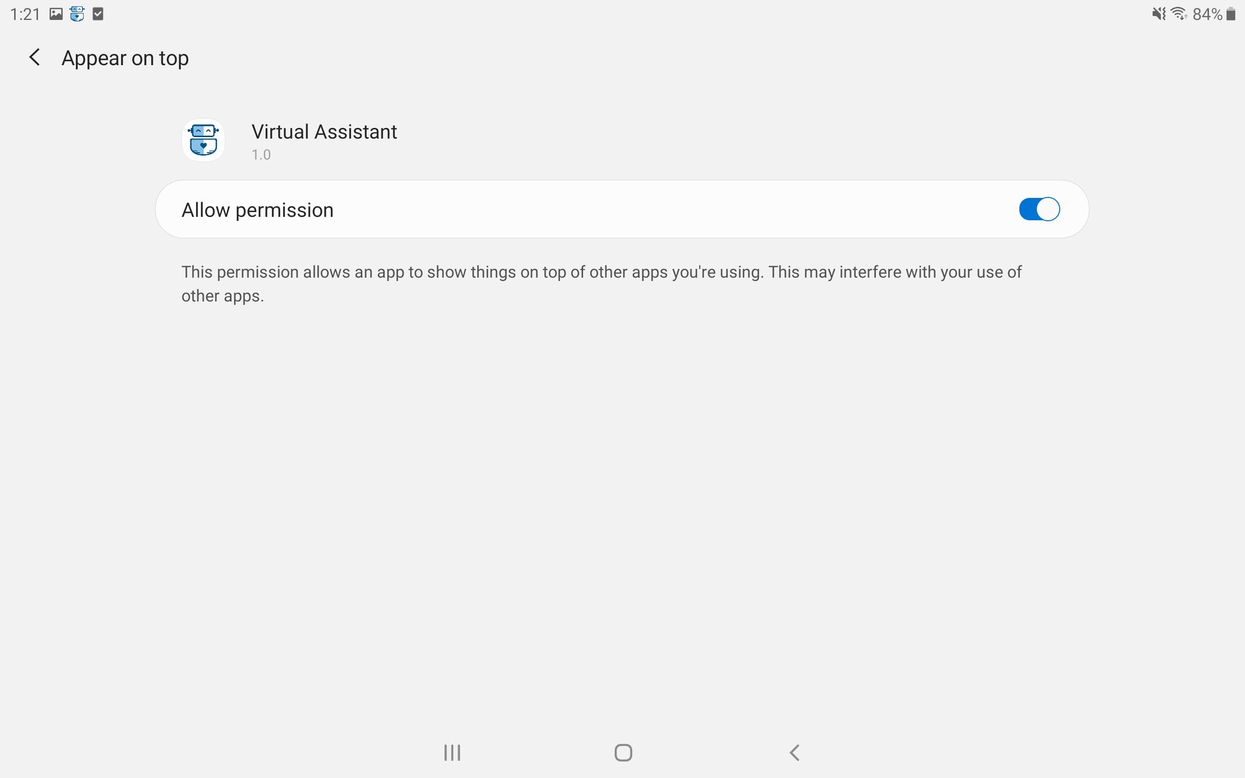 Virtual Assistant Client (Android) - Allow The Appear On Top Permission In Settings