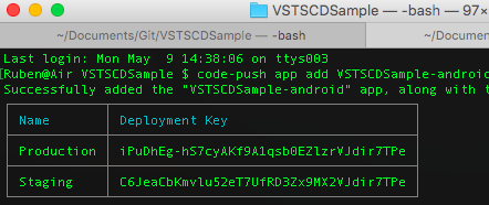 CodePush CLI providing deployment keys