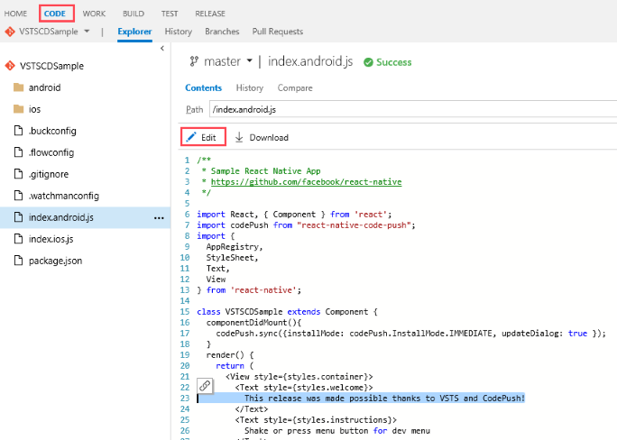 VSTS code changes