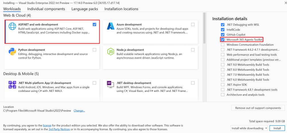 The Visual Studio installation UI with the list of components available for ASP.NET and web development and the Microsoft 365 Agents Toolkit highlighted.