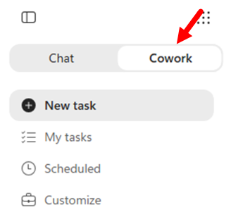 User interface sidebar showing navigation options including Home, New task, Search, Scheduled, and Customize, with a highlighted ‘Cowork’ tab at the top indicated by a red arrow.