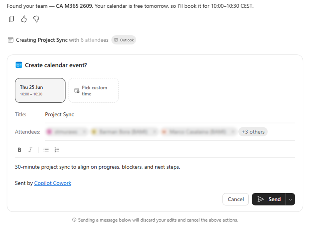 Copilot interface showing a draft Outlook meeting titled “Project Sync” with attendees and a short agenda, ready to send.