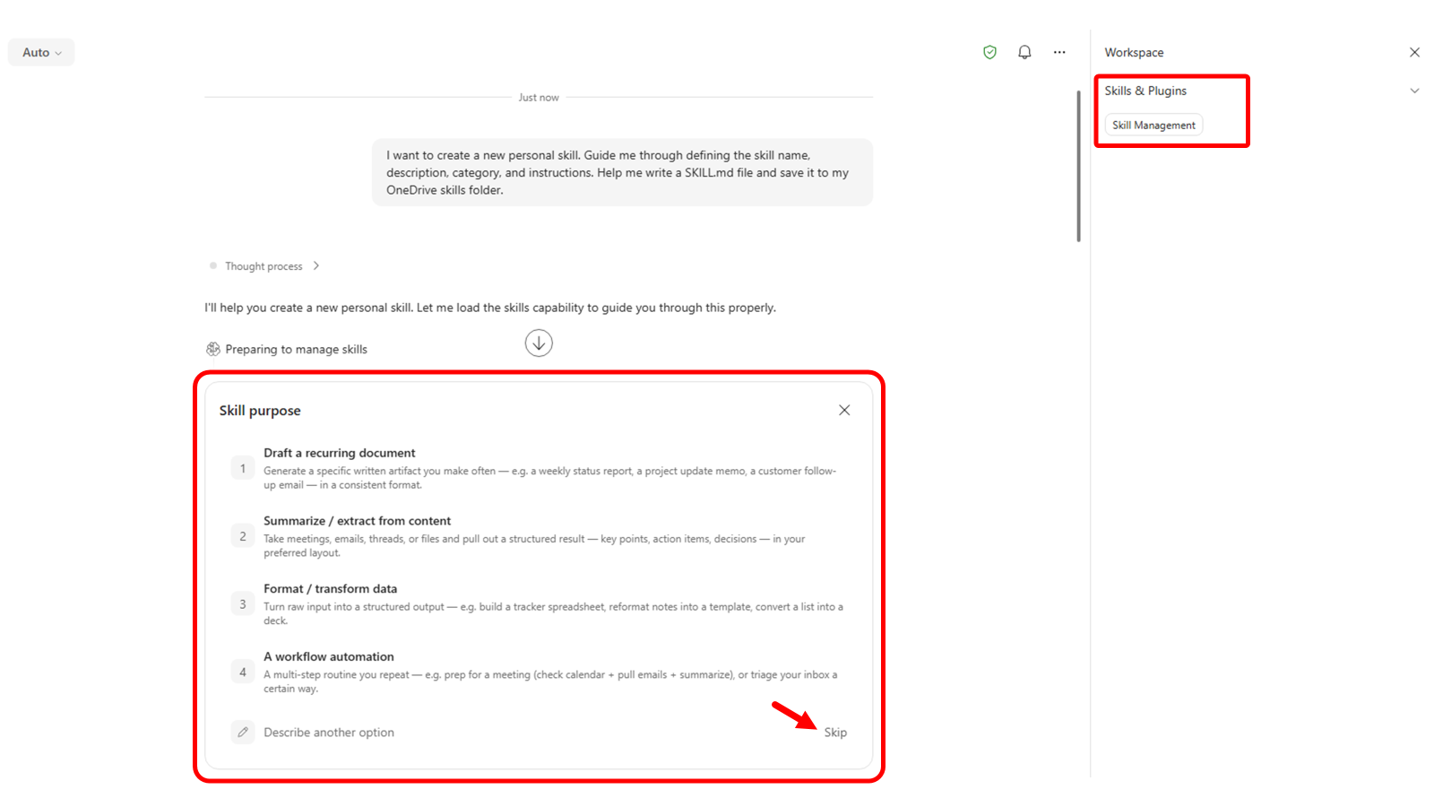 UI showing Copilot skill creation workflow with a "Skill purpose" dialog listing options (draft document, summarise content, format data, workflow automation) and a sidebar highlighting "Skills & Plugins" with "Skill Management."