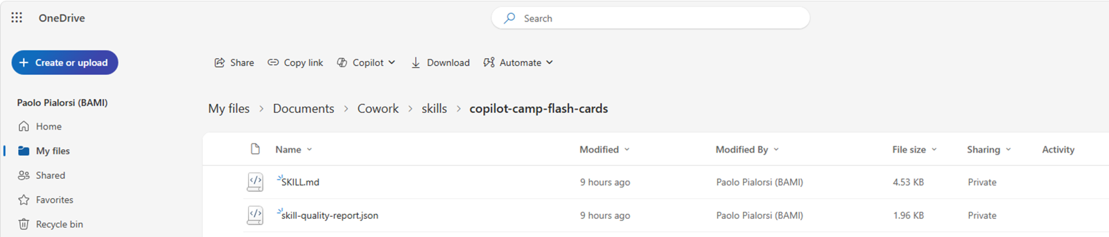 The folder on OneDrive for Business under /Documents/Cowork/skills/<name-of-the-skill> with the SKILL.md definition file and the skill quality report JSON file.