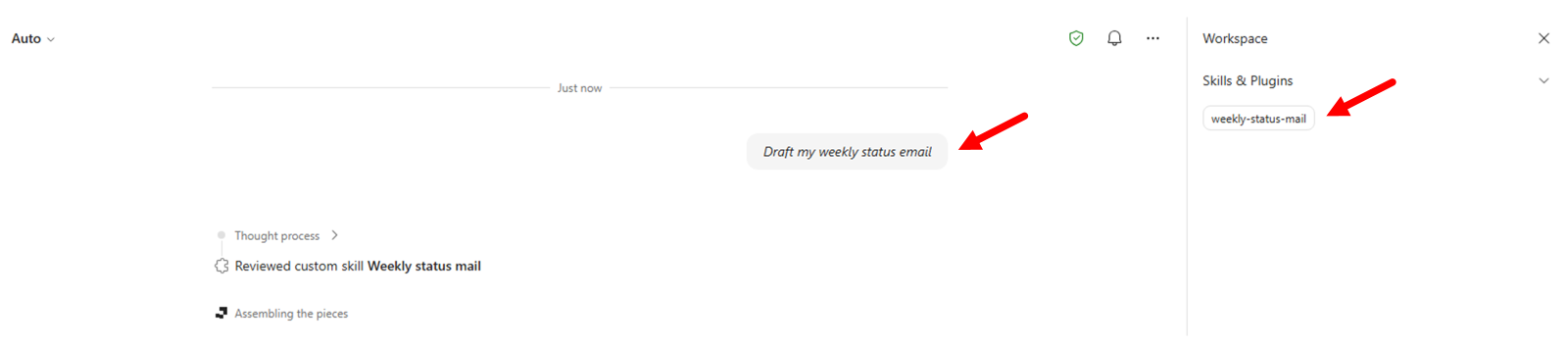 The UI of Cowork processing a task that triggers the new weekly-status-mail skill. In the side panel there is the activated skill.