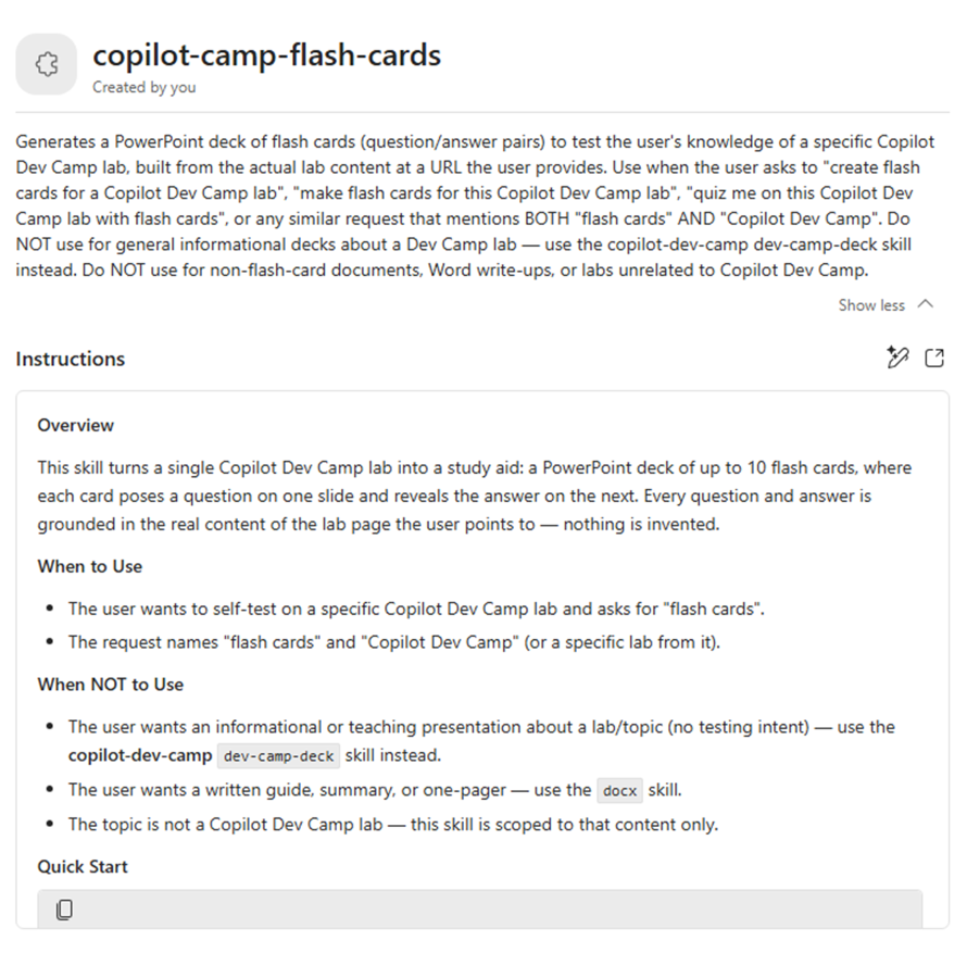 UI screen showing the “copilot-camp-flash-cards” skill with description, usage guidelines, and instructions for generating PowerPoint flash cards from Copilot Dev Camp labs.