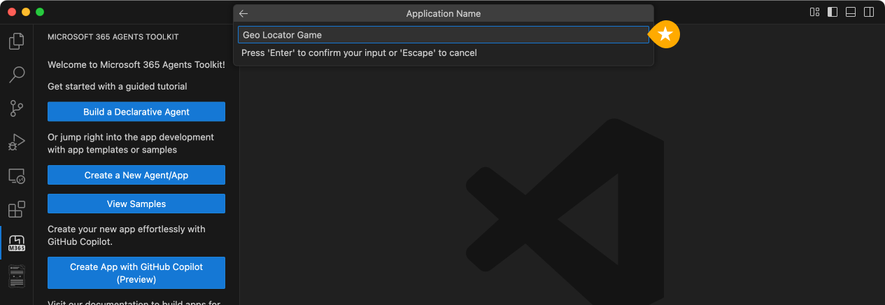 The Agents Toolkit app creation flow with the prompt to provide a name for the app.