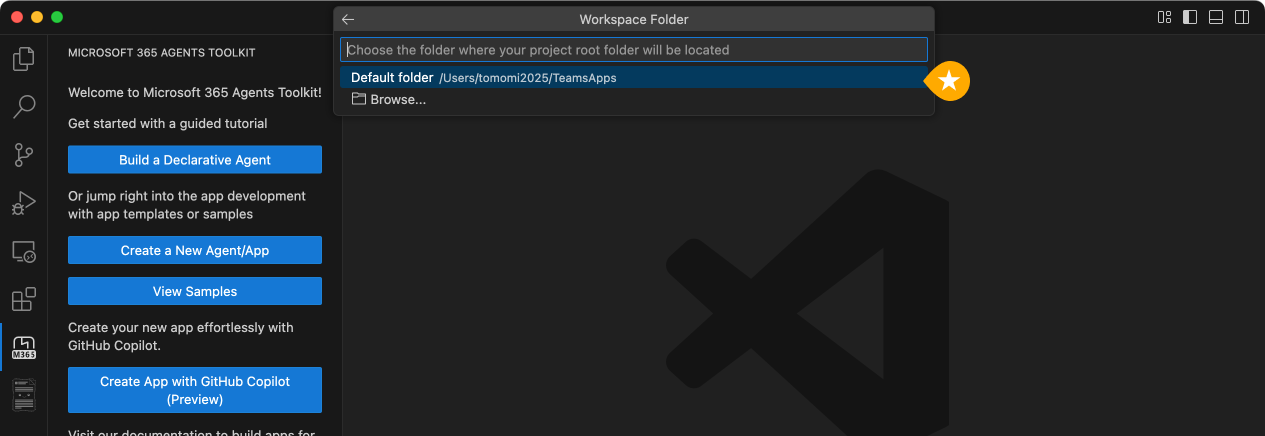 The Agents Toolkit app creation flow with the prompt to provide a target path where to store the new app.
