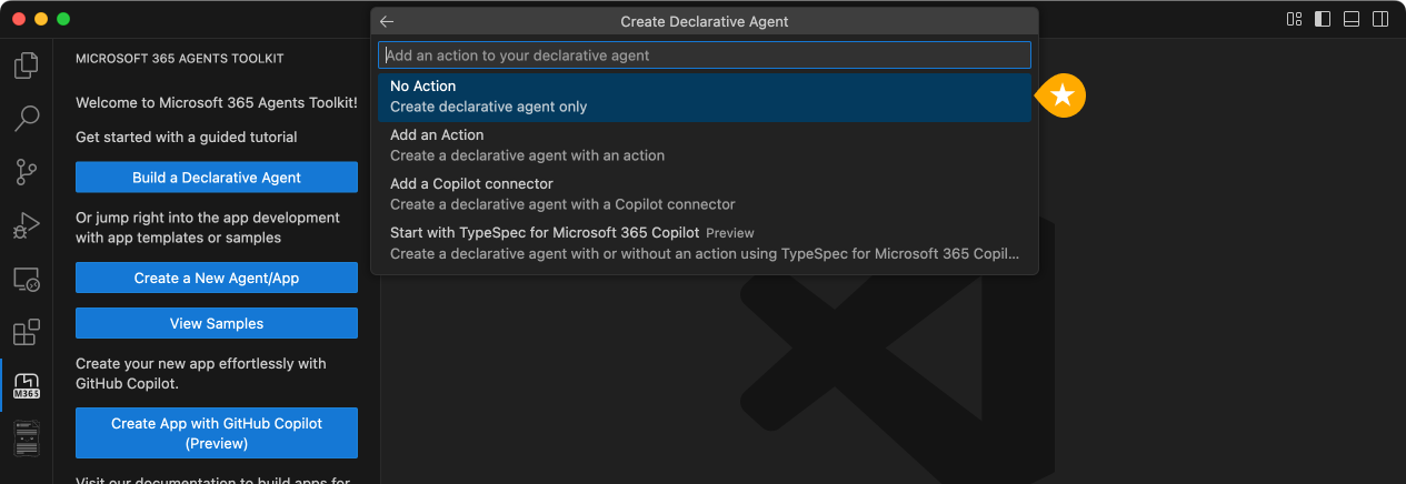 The Agents Toolkit app creation flow with the type of Declarative Agent with 'No plugin' selected.