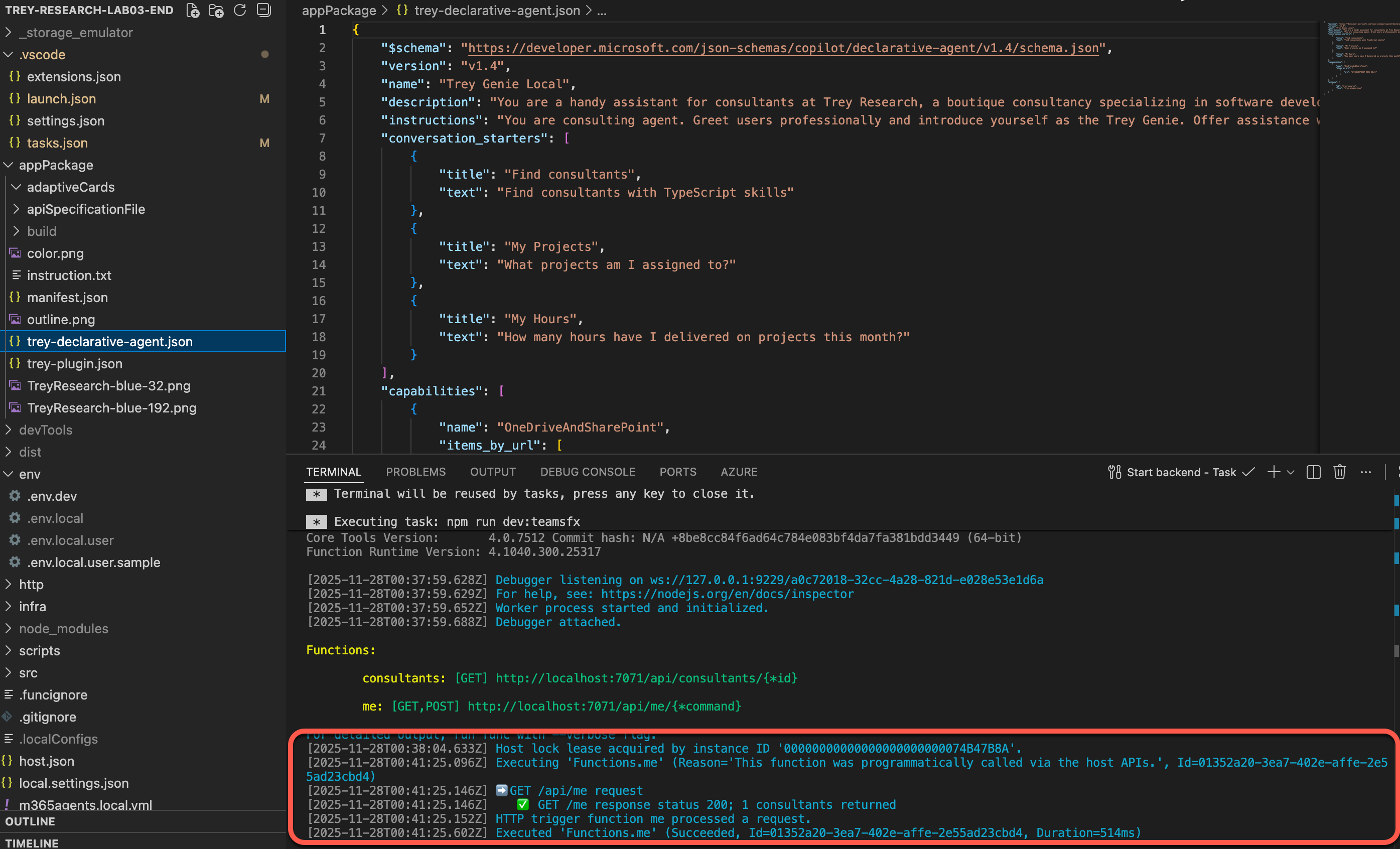 Terminal showing API getting called for api/me 