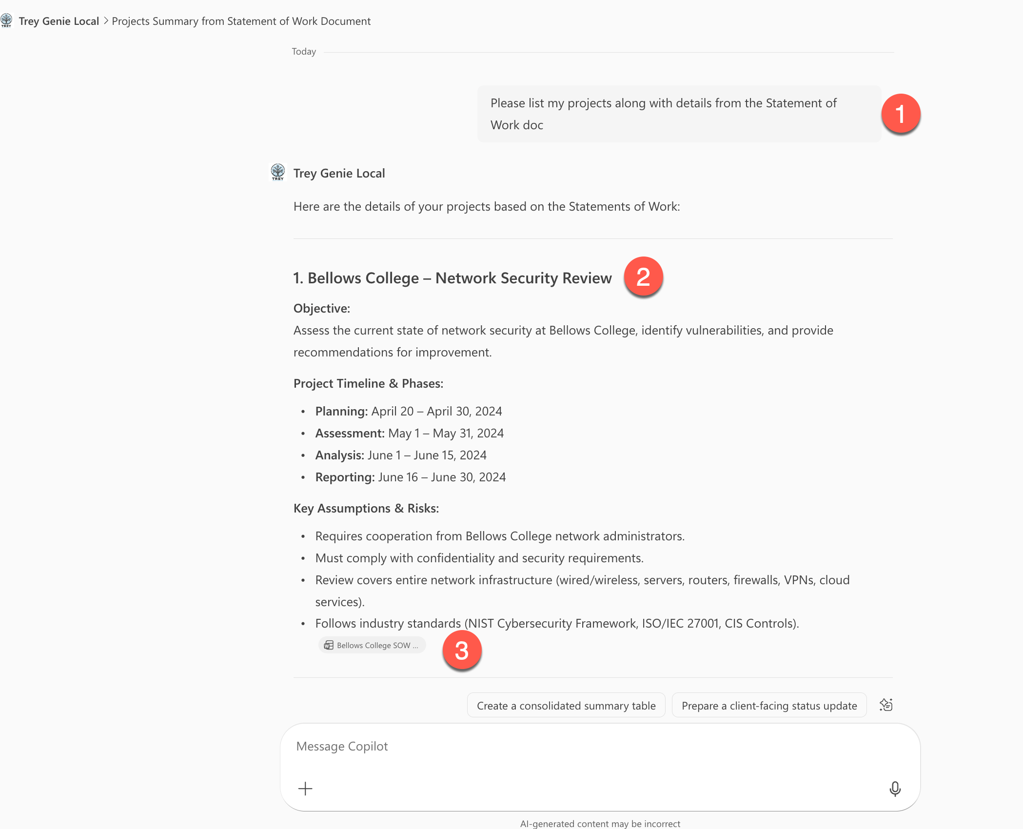 The output of the declarative agent with information about projects the user is working on, reference documents from the SharePoint site, and the motto 'Always be Billing!'