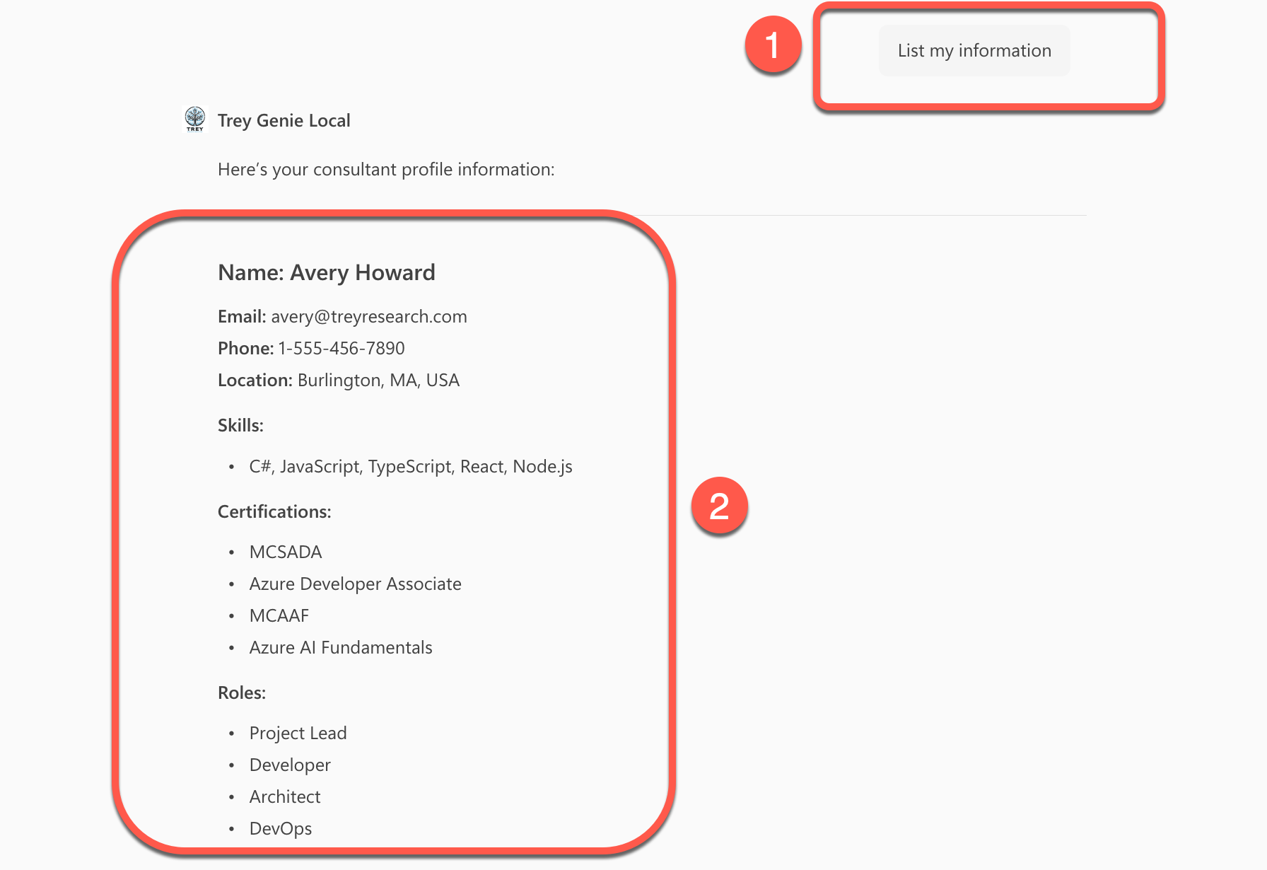 List my info and response