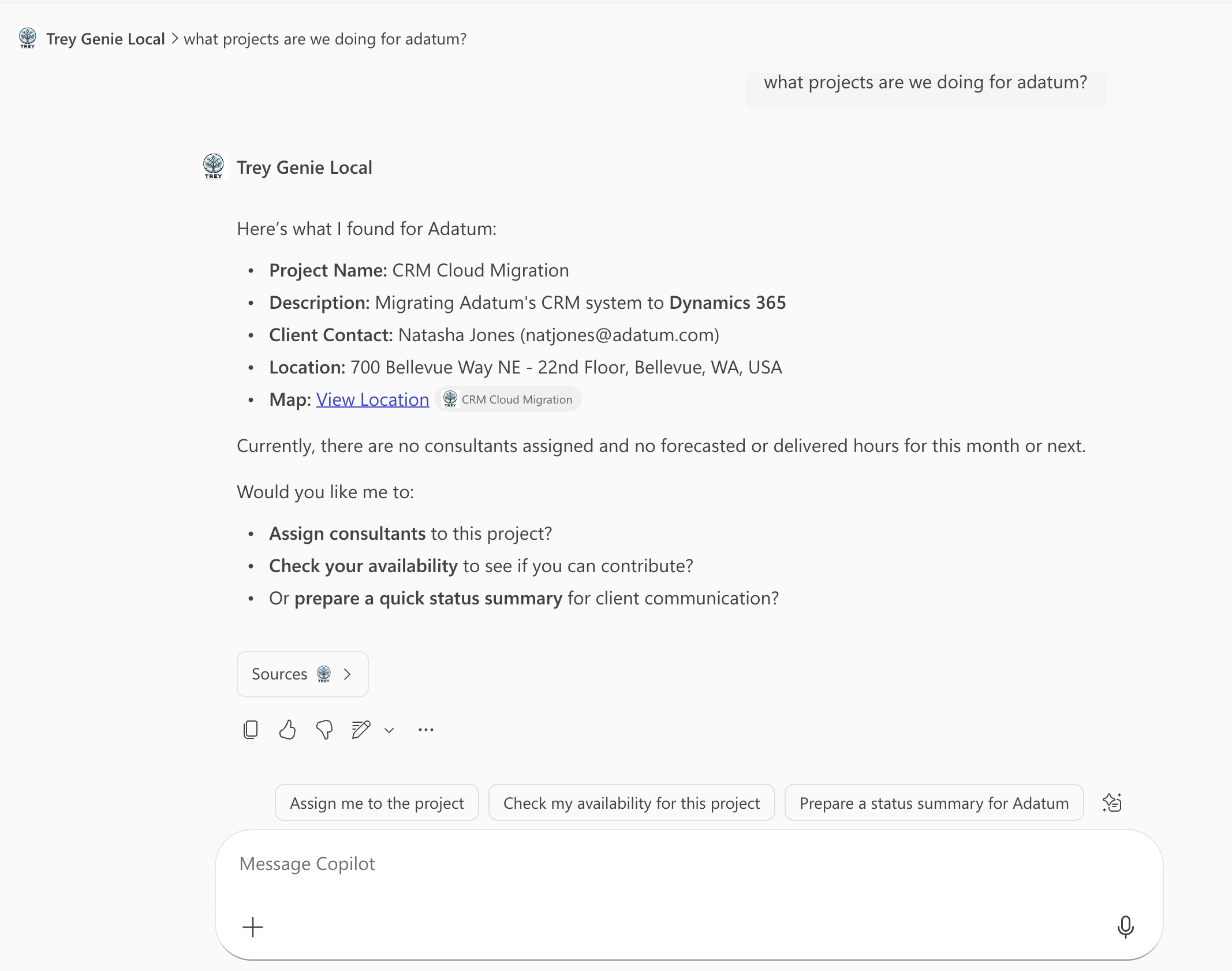 Microsoft 365 Copilot showing the output of Trey Genie agent when invoking the API plugin