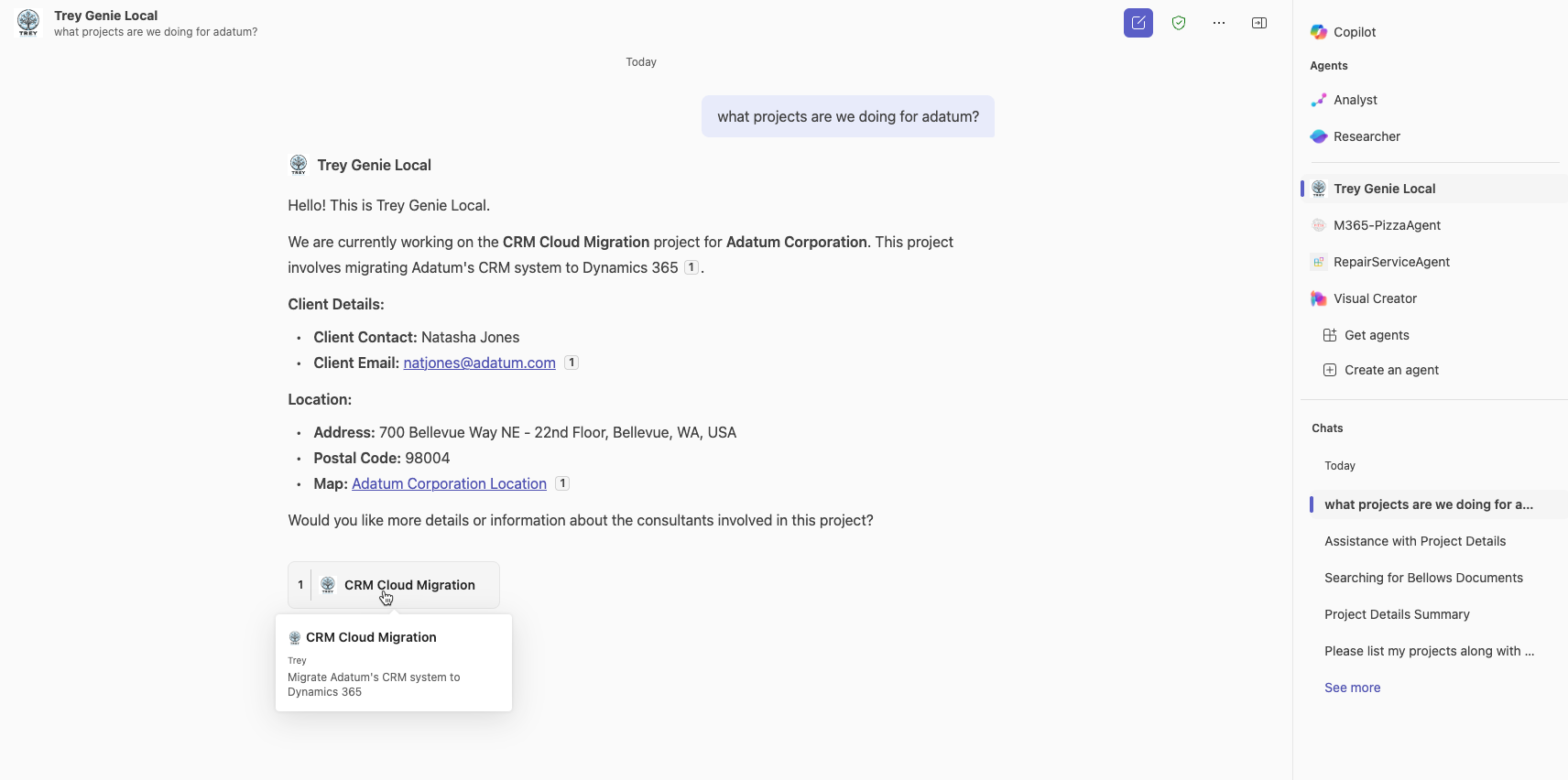 Microsoft 365 Copilot showing the output of Trey Genie agent when invoking the API plugin