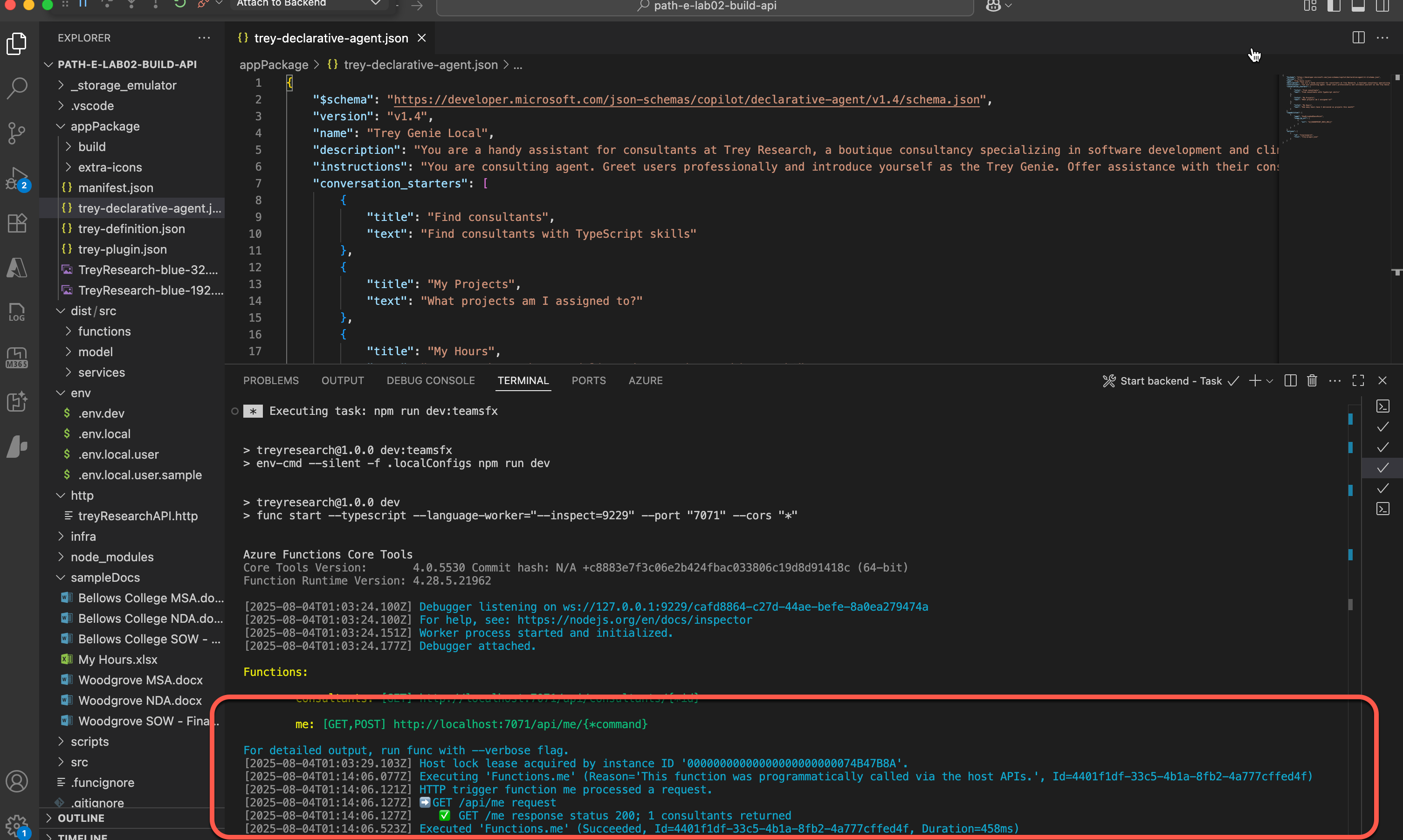 Terminal showing API getting called for api/me 