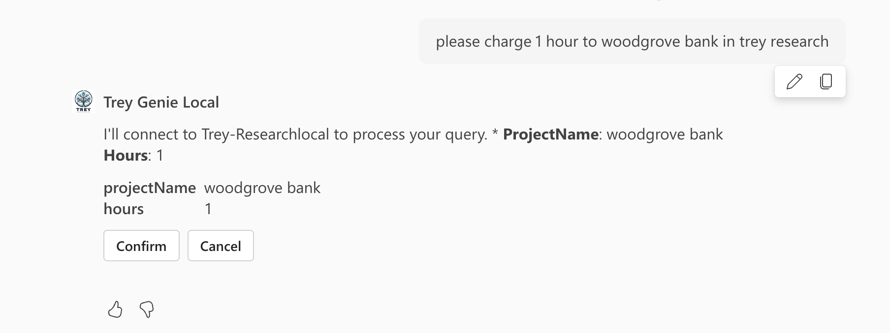 A card generated by Copilot to confirm sending data to the API plugin.