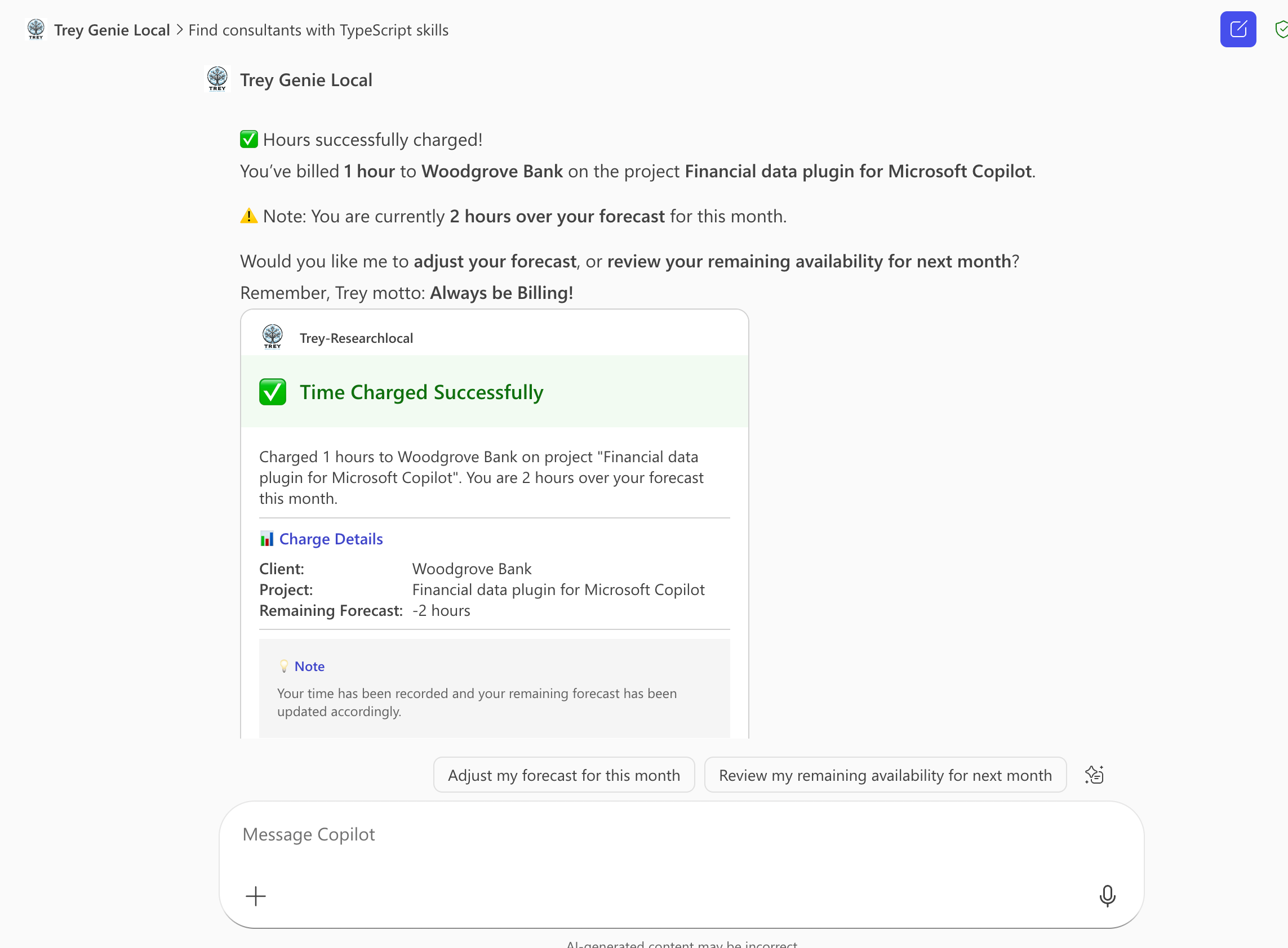 The response of the agent based on an Adaptive Card showing rich content about the project status.