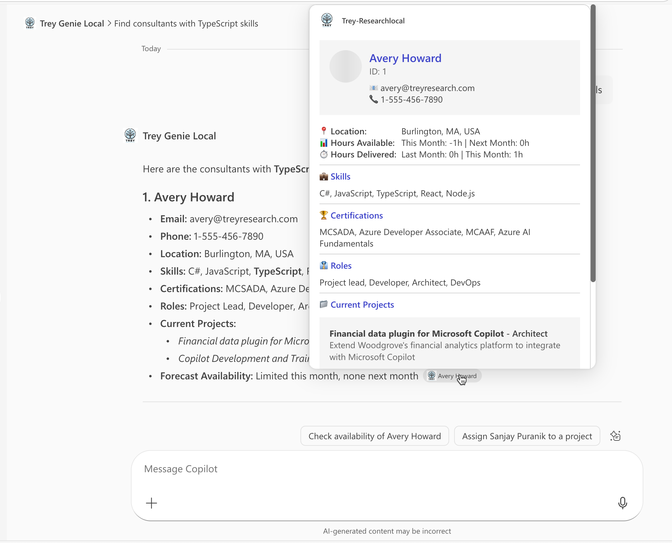 A card generated by Copilot with consultant info