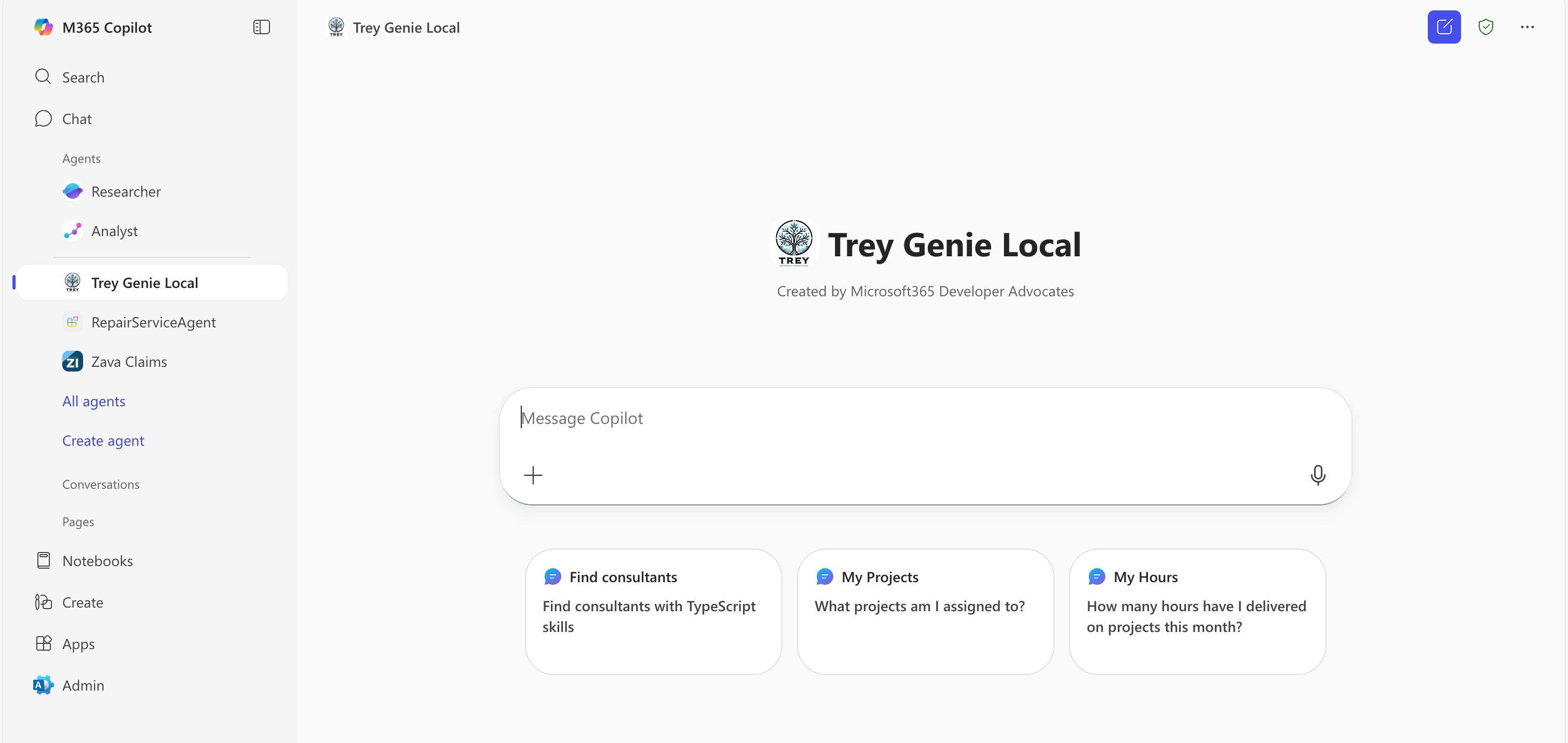 Microsoft 365 Copilot showing the Trey Genie agent in action. On the right side there is the custom declarative agent, together with other agents. In the main body of the page there are the conversation starters and the textbox to provide a prompt to the agent.