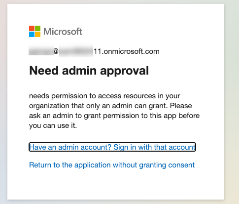 The Microsoft Entra popup dialog asking for an admin approval to consume the API.