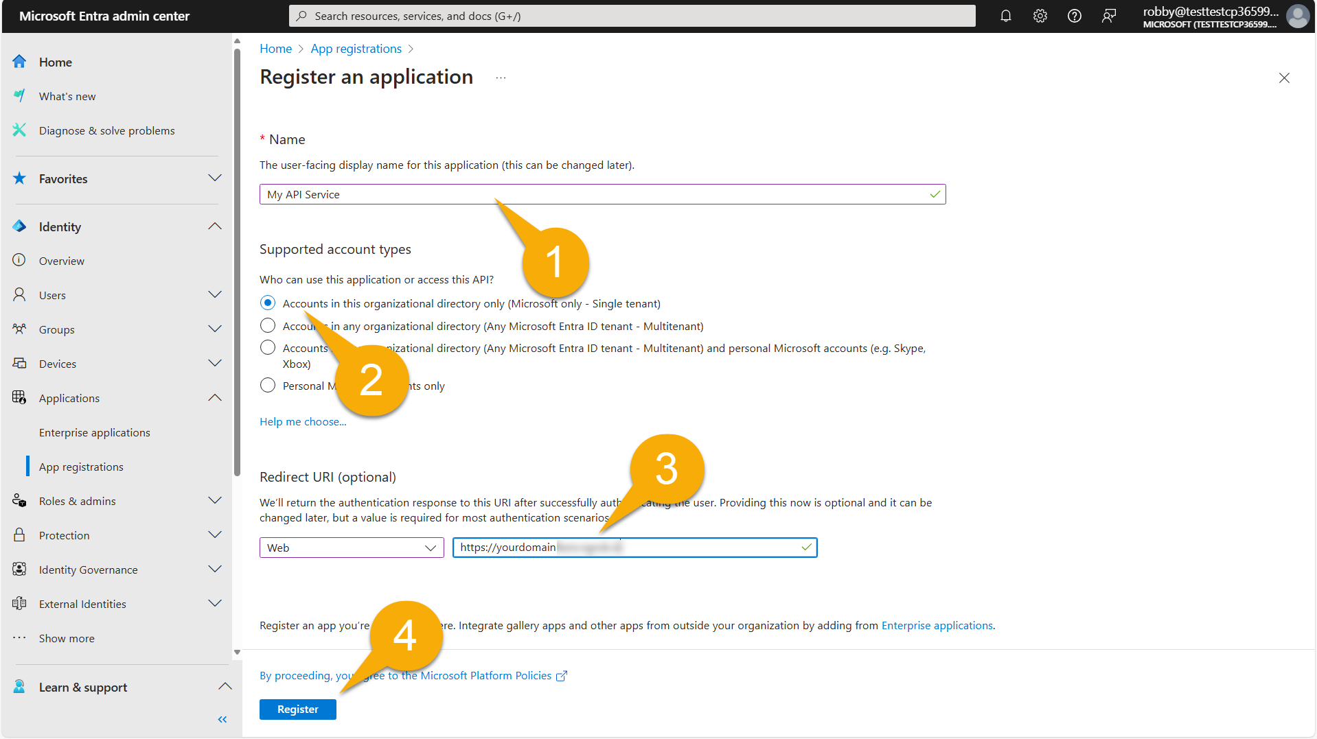 Filling in the new app registration page