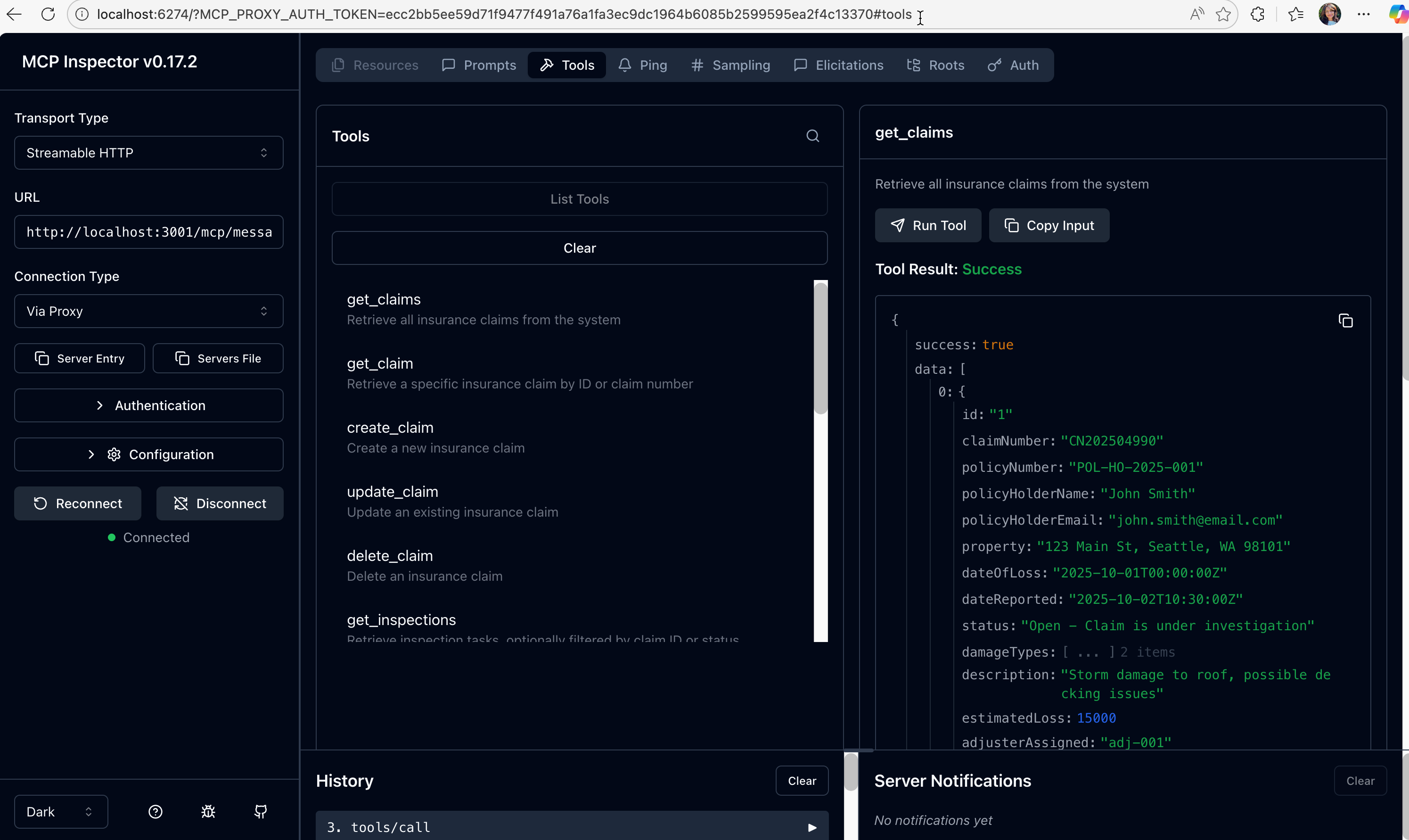image of mcp inspector tool interacting with zava mcp server