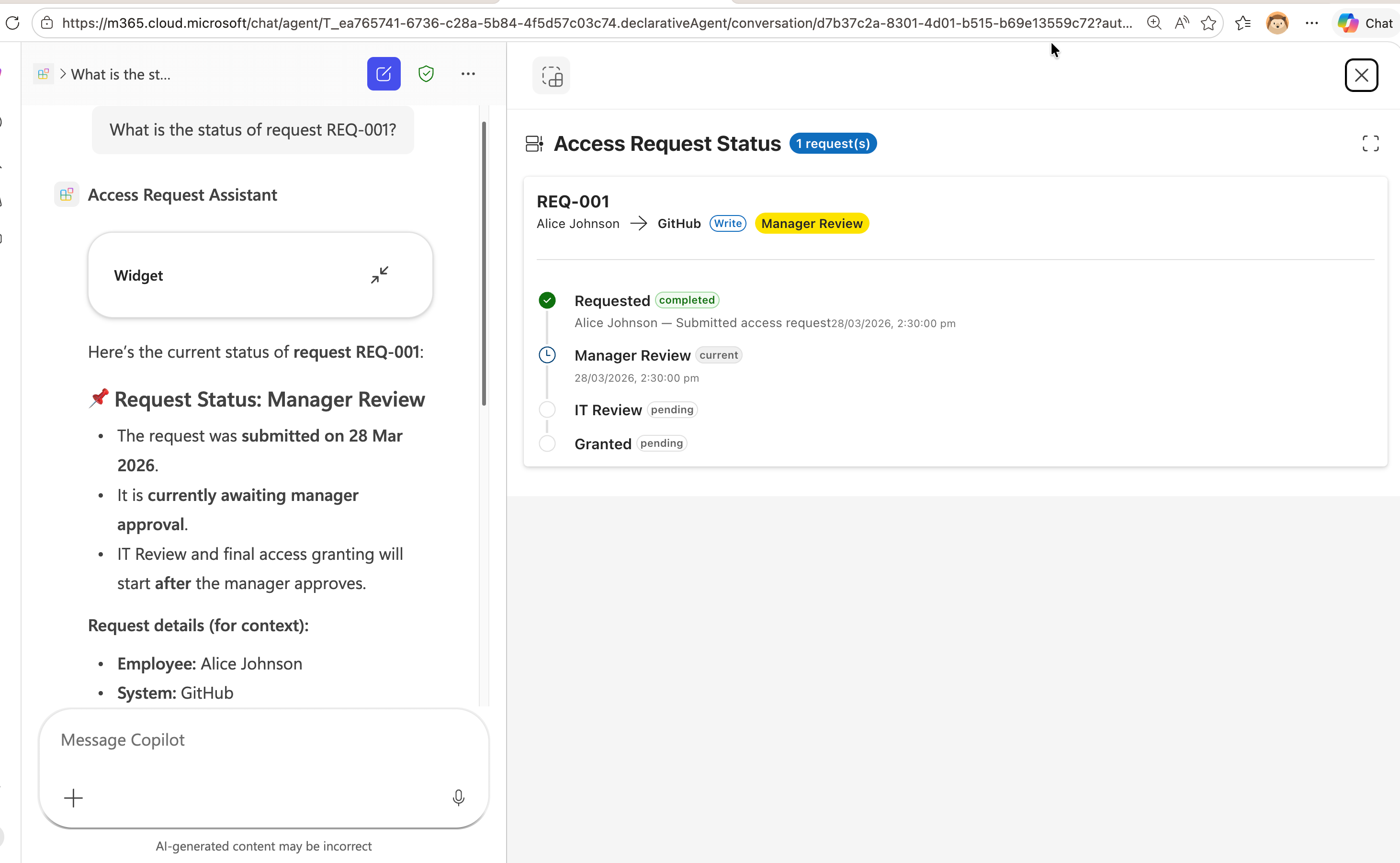 What is the status of request REQ-001?