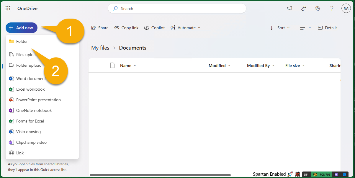 Adding a new folder in OneDrive