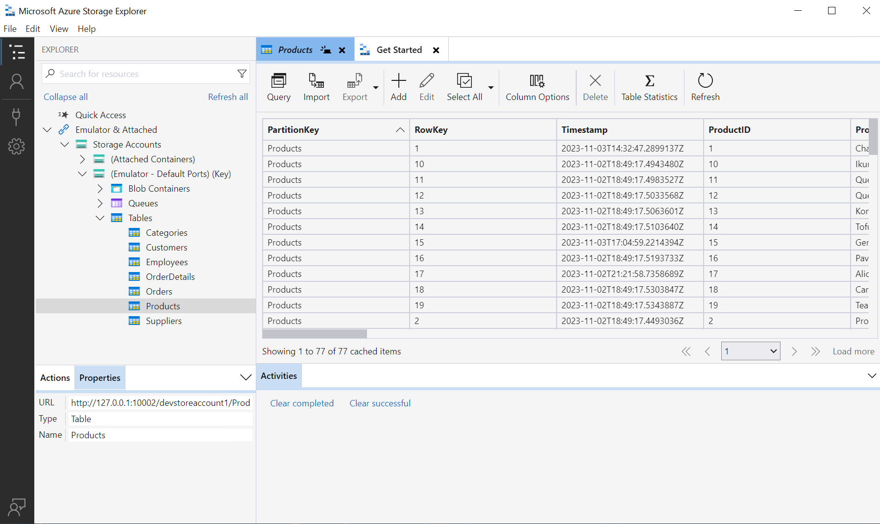 Azure Storage Explorer showing the Northwind database tables