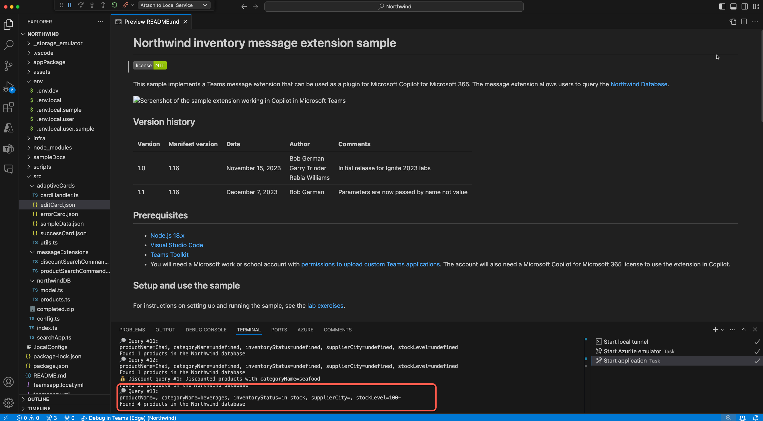 Screen shot of log showing a query for categoryName=beverages and stockLevel=100- 