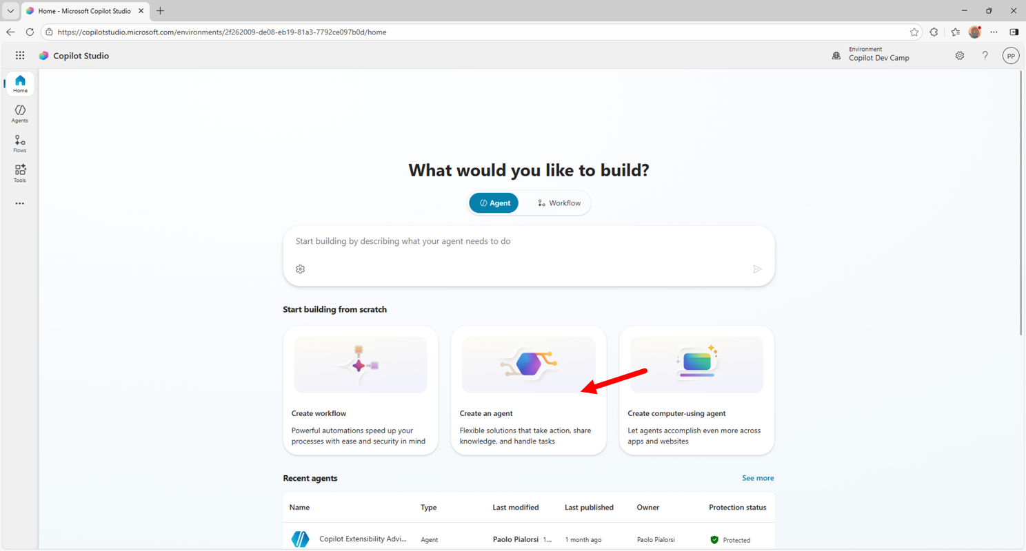 The home page of Microsoft Copilot Studio with the **Create an agent** command highlighted to create a new agent.