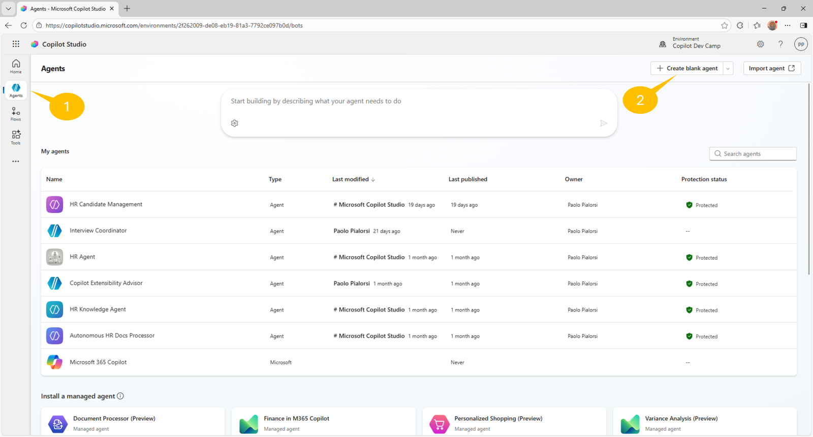 The "Agents" page of Microsoft Copilot Studio with the **Create blank agent** command highlighted to create a new agent.