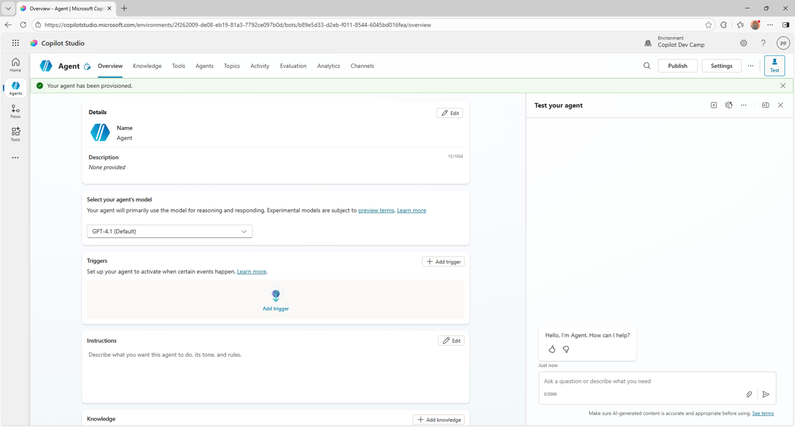 The home page of a new agent in Microsoft Copilot Studio with all the options to define Name, Icon, Description, Model selection, Triggers, Instructions, etc..