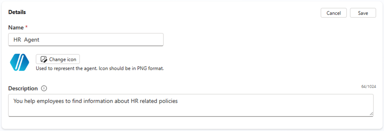 The section to edit "Name" and "Description" for the newly created agent.