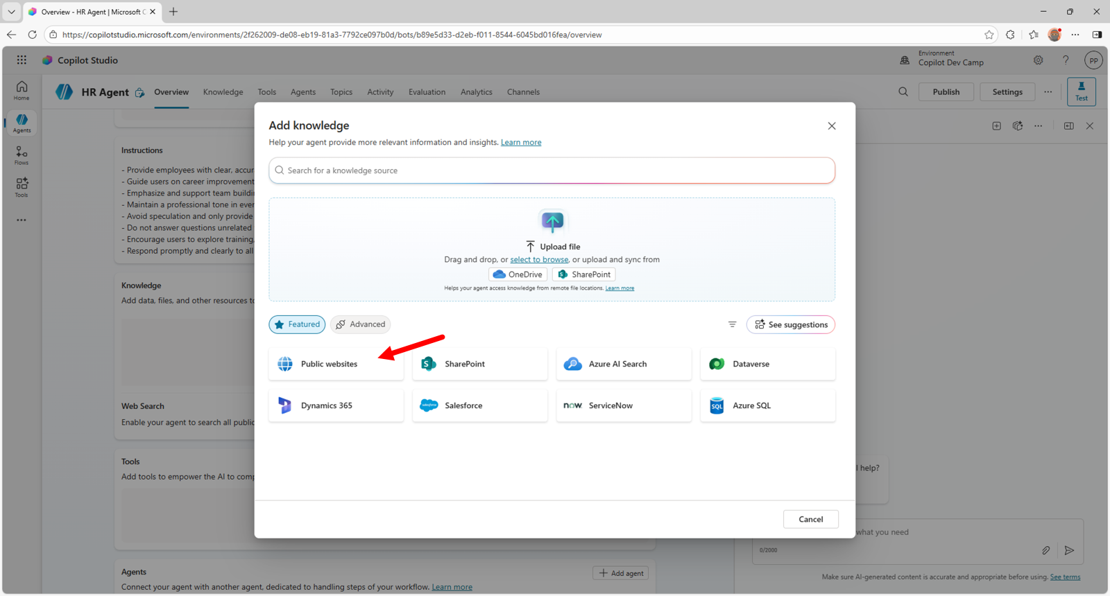 The dialog to add knowledge to the agent with the "Public website" option highlighted.