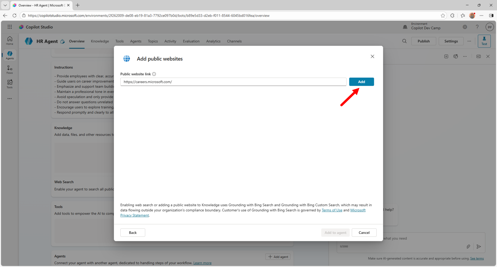 The dialog to add knowledge to the agent with the "Add" command highlighted.