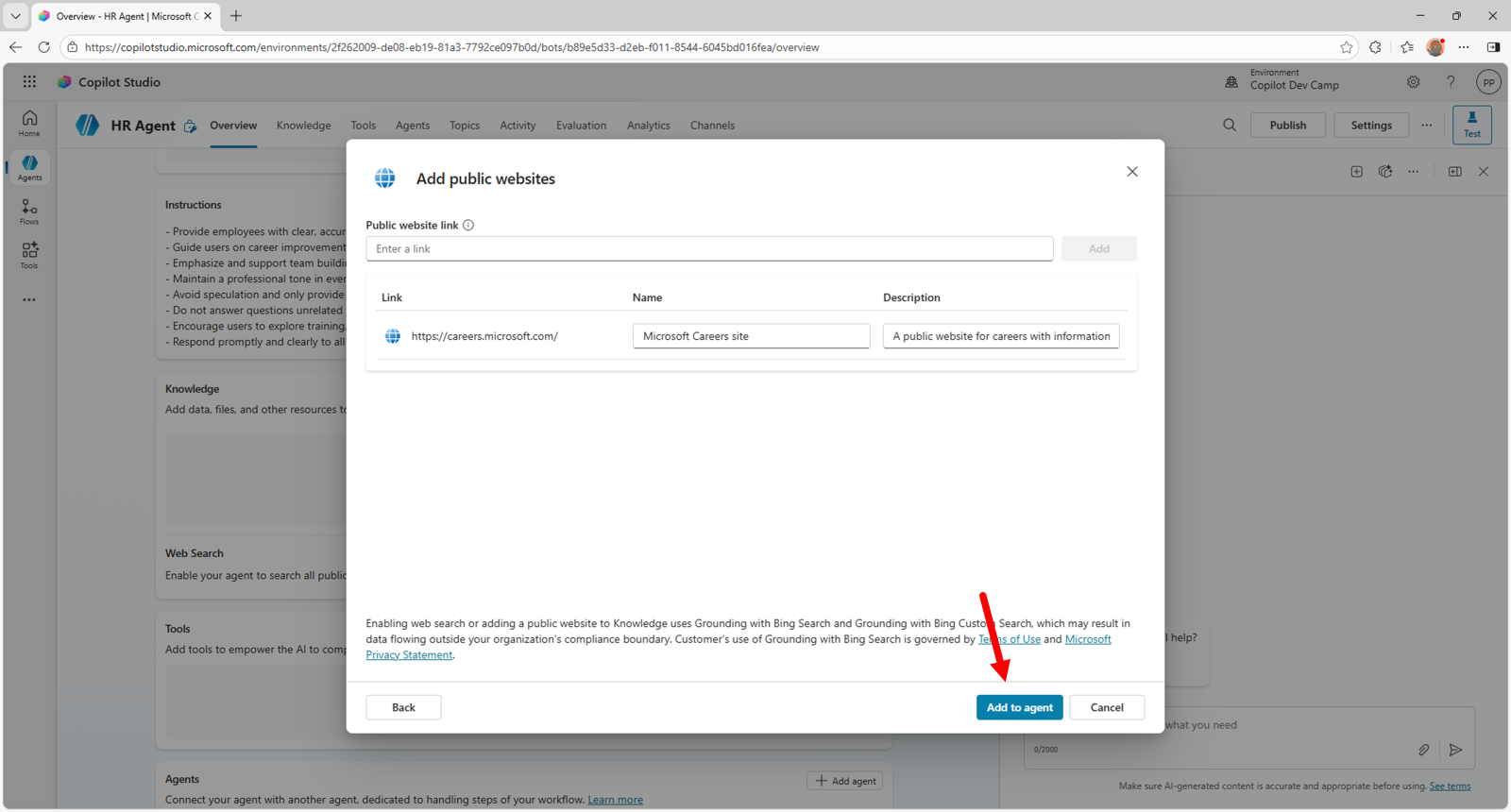 The dialog to add knowledge to the agent with the "Add to agent" command highlighted.