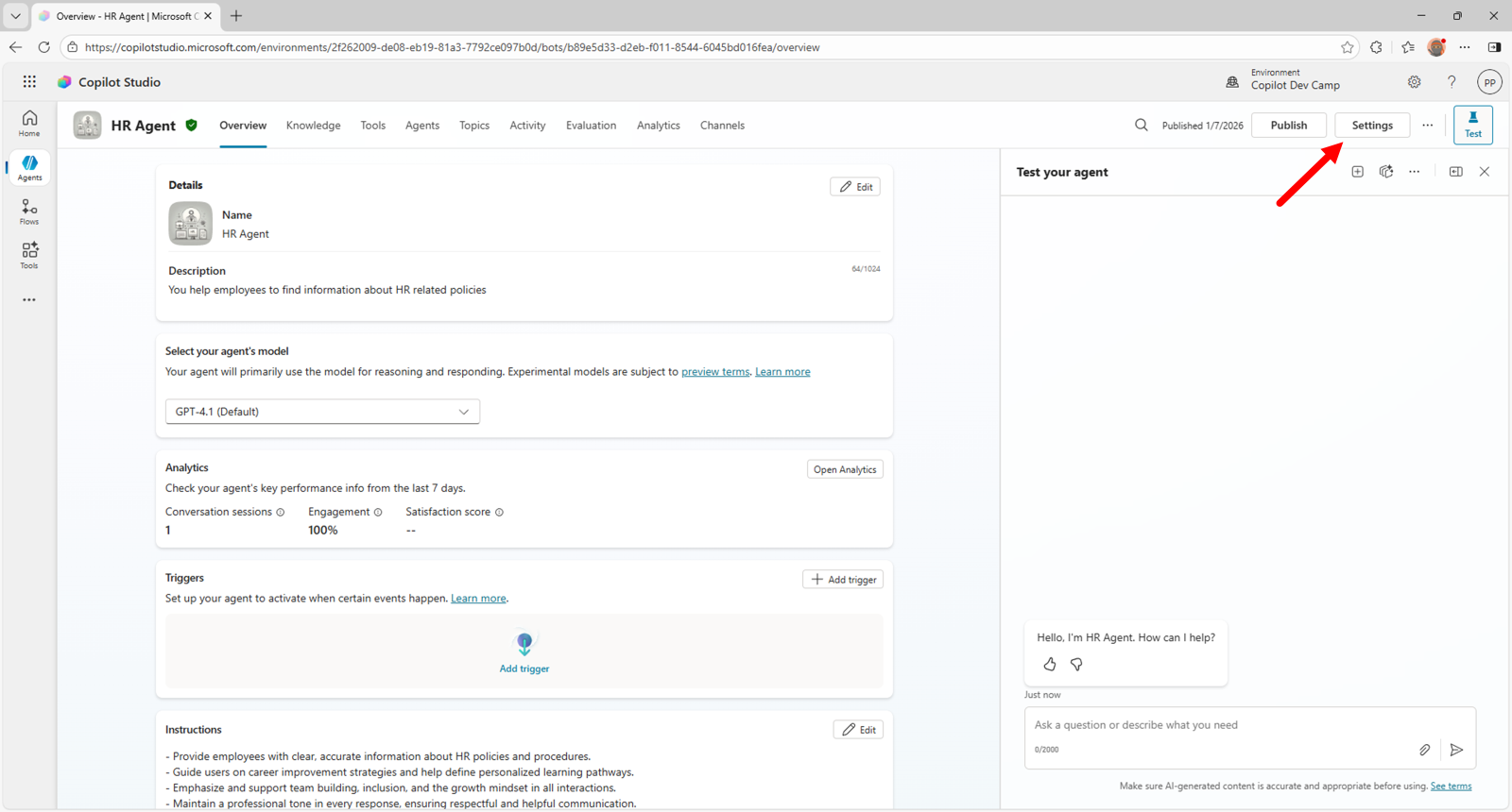 The interface of Microsoft Copilot Studio with the "Settings" command highlighted.